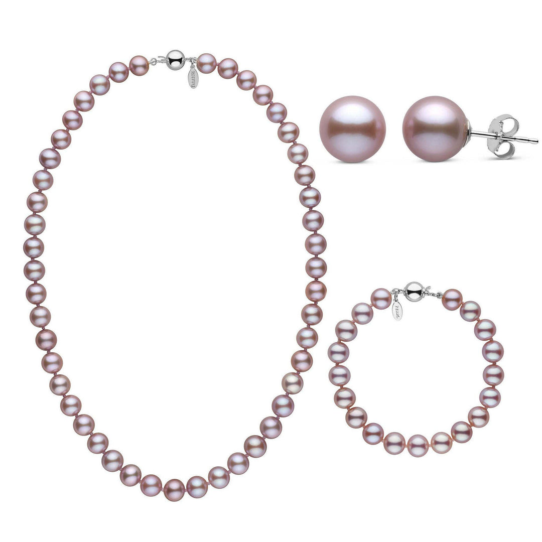 18 Inch 3 Piece 8.5-9.0 mm Lavender Freshadama Freshwater Pearl Set in white gold