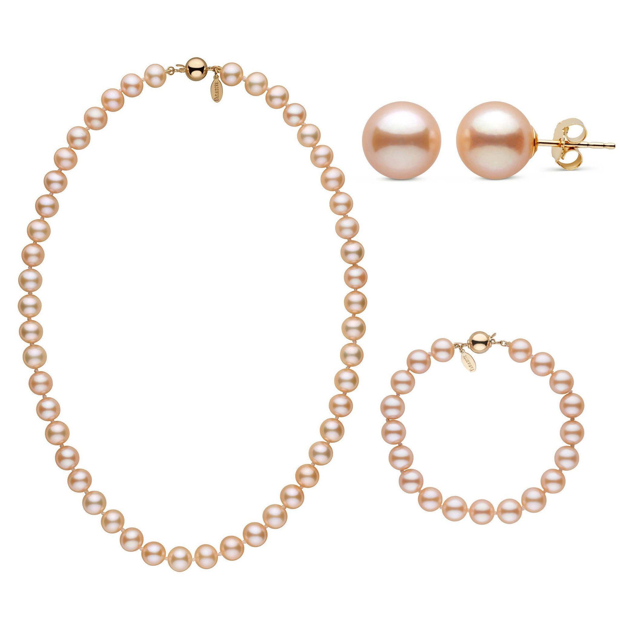 Necklace Bracelet and Earrings three Piece 8.5-9.0 mm Pink to Peach Freshadama Freshwater Pearl Set