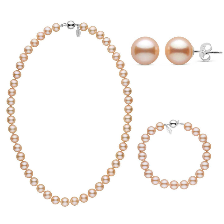 18 Inch 3 Piece 8.5-9.0 mm Pink to Peach Freshadama Freshwater Pearl Set in white gold
