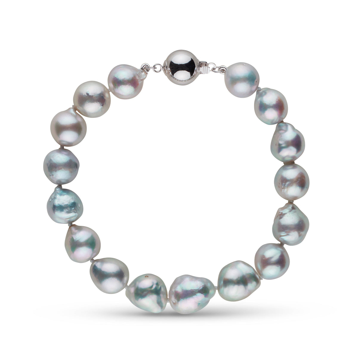 9.0-9.5 mm Silver-Blue Akoya Baroque Pearl Bracelet featuring lustrous irregular-shaped akoya pearls with silver-blue hues and a polished white gold clasp.