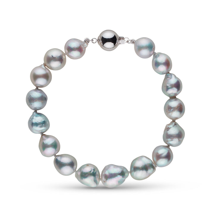 9.0-9.5 mm Silver-Blue Akoya Baroque Pearl Bracelet featuring lustrous irregular-shaped akoya pearls with silver-blue hues and a polished white gold clasp.