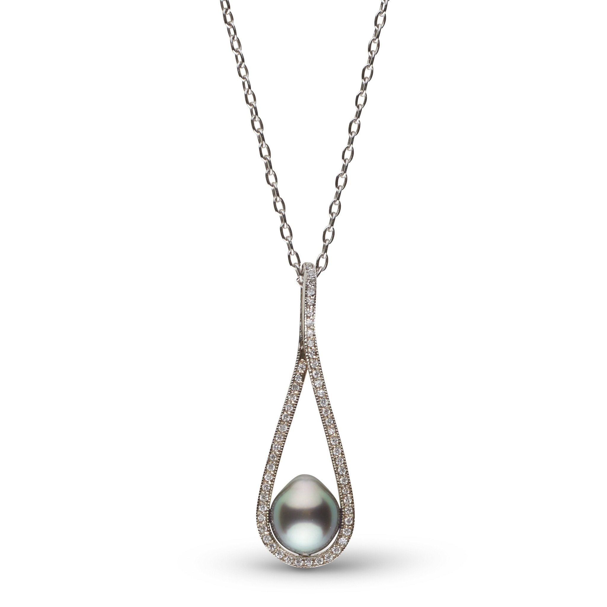 Cradle Collection 8.0-9.0 mm Tahitian Drop Pearl and Diamond Pendant - 14k White Gold