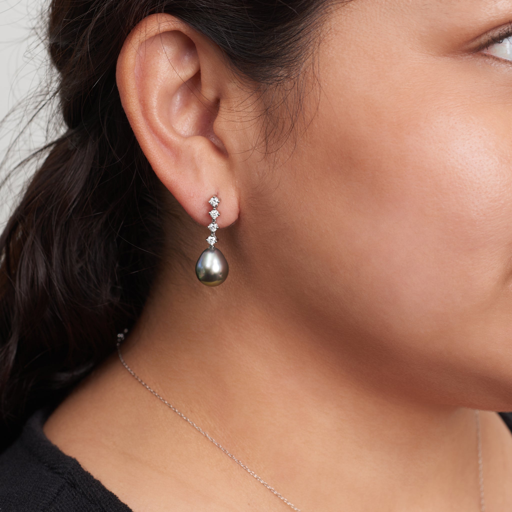 10.0-11.0 mm Tahitian Drop Pearl and Diamond Luminary Earrings on model