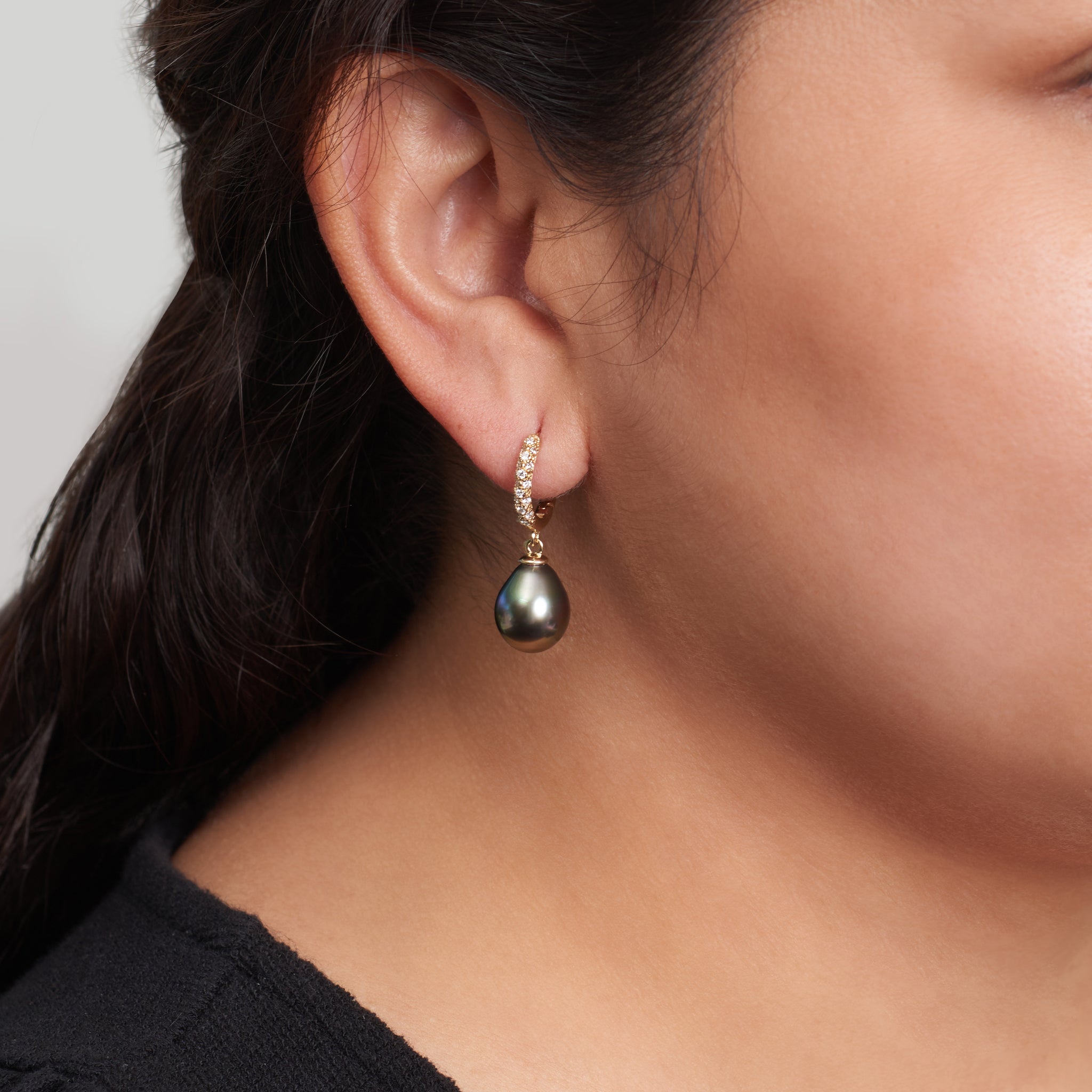 10.0-11.0 mm Tahitian Drop Pearl & Pave Diamond Large Hoop Earrings on model