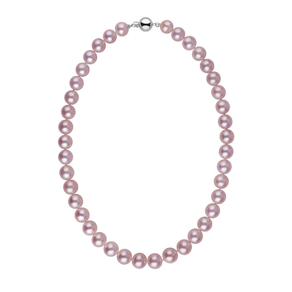 10.0-11.0 mm 18 Inch AAA Lavender Freshwater Pearl Necklace featuring round lavender pearls with a smooth surface and a 14K white gold clasp, elegant and timeless jewelry piece.