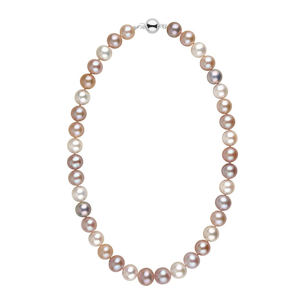 10.0-11.0 mm AAA Multicolor Freshwater Pearl Necklace featuring lustrous pearls in shades of white, pink, lavender, and peach with a 14K white gold clasp.