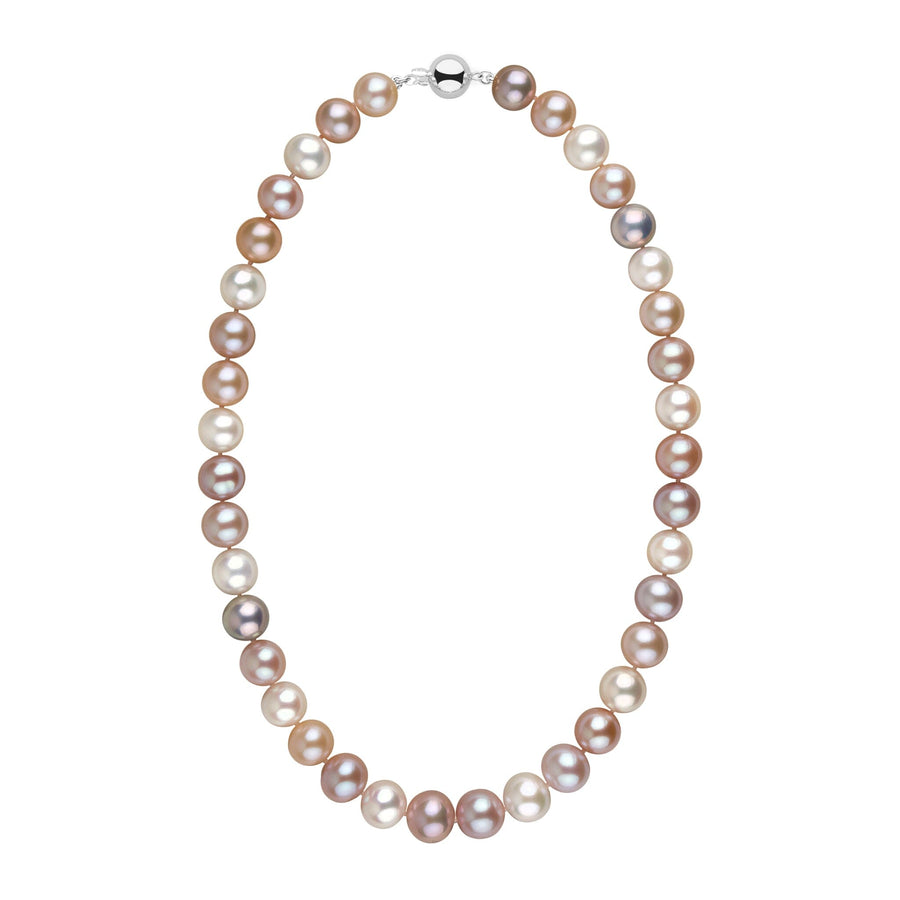 10.0-11.0 mm AAA Multicolor Freshwater Pearl Necklace featuring lustrous pearls in shades of white, pink, lavender, and peach with a 14K white gold clasp.