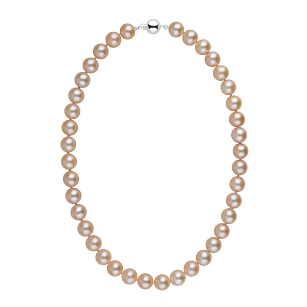 10.0-11.0 mm AAA Pink to Peach Freshwater Pearl Necklace featuring a single strand of luminous round pearls with subtle pink and peach hues and a 14K white gold clasp.