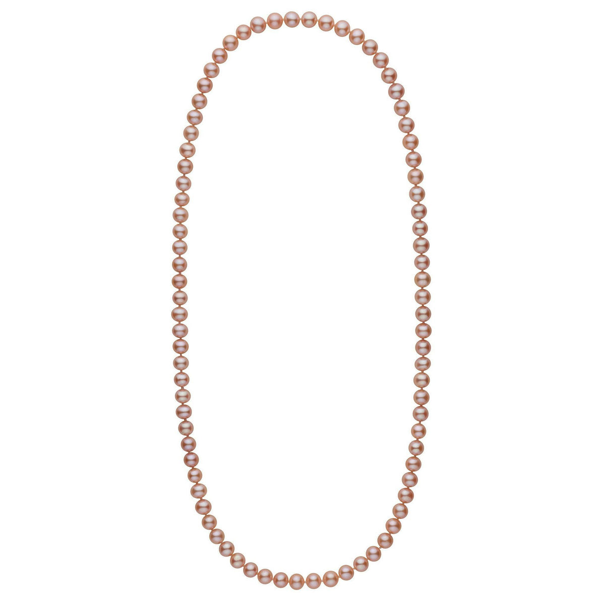 26-inch 7.5-8.0 mm AA+ Pink to Peach Freshwater Pearl Necklace featuring lustrous, round freshwater pearls transitioning from soft pink to peach tones in an elegant strand.