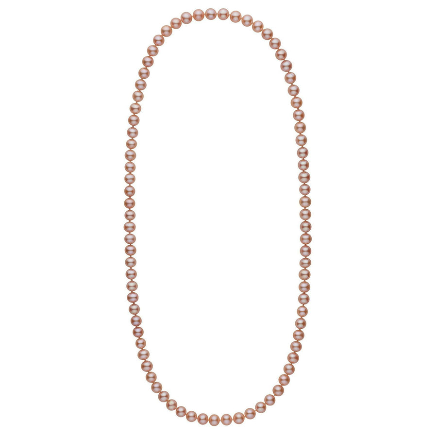 26-inch 7.5-8.0 mm AA+ Pink to Peach Freshwater Pearl Necklace featuring lustrous, round freshwater pearls transitioning from soft pink to peach tones in an elegant strand.