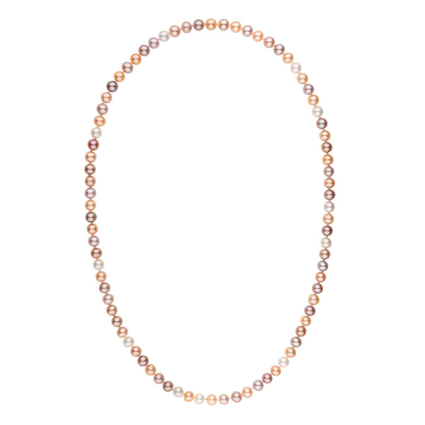 26-inch 7.5-8.0 mm AAA Multicolor Freshwater Pearl Necklace featuring a strand of lustrous pearls in shades of pink, lavender, peach, and cream, perfect for elegant occasions.