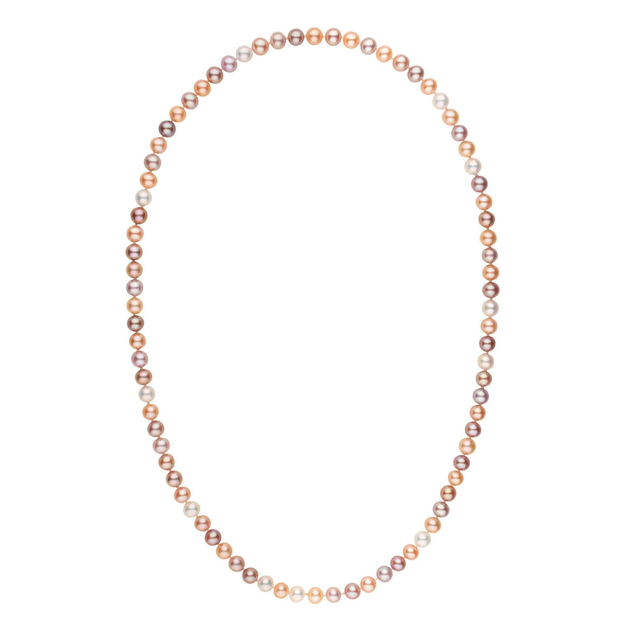 26-inch 7.5-8.0 mm AAA Multicolor Freshwater Pearl Necklace featuring a strand of lustrous pearls in shades of pink, lavender, peach, and cream, perfect for elegant occasions.