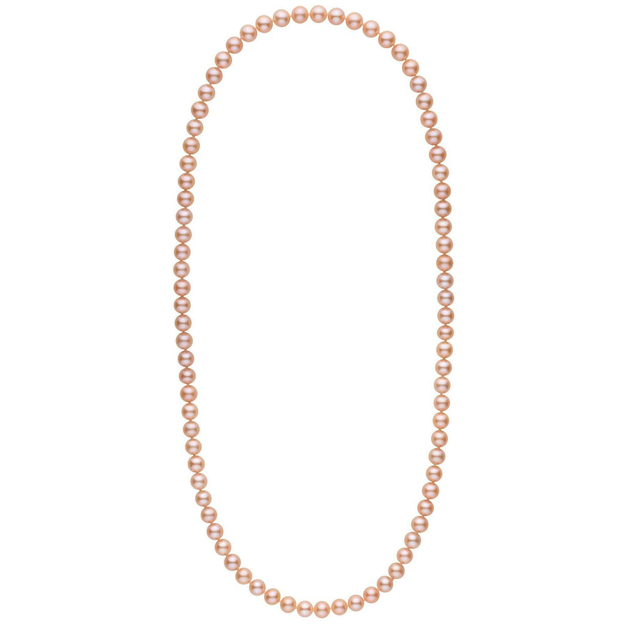 26-inch 7.5-8.0 mm AAA Pink to Peach Freshwater Pearl Necklace showcasing lustrous round pearls in soft pink to peach tones, elegant and timeless pearl strand jewelry.