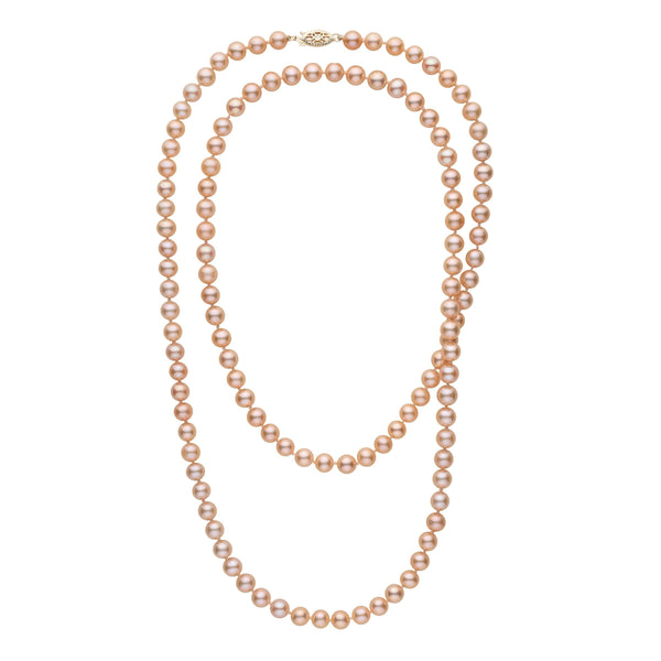 Long elegant strand featuring lustrous round freshwater pearls in soft pink to peach hues with a subtle gold clasp detail, the 35-inch 6.5-7.0 mm AAA Pink to Peach Freshwater Pearl Necklace.