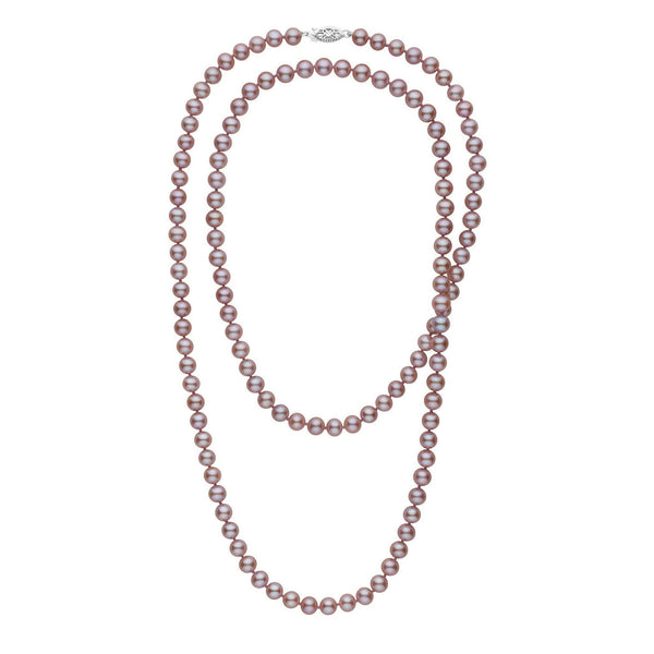 35-inch 6.5-7.0 mm AAA Lavender Freshwater Pearl Necklace featuring lustrous lavender pearls with a subtle sheen and a decorative clasp, elegant and timeless jewelry piece.