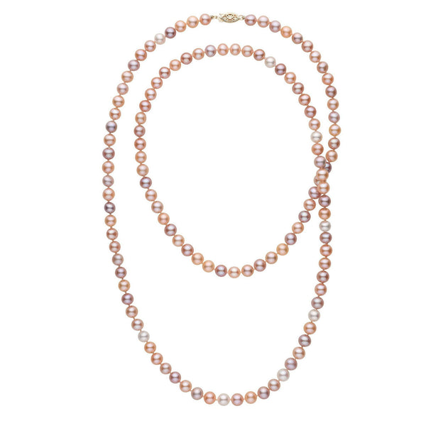 35-inch 6.5-7.0 mm AAA Multicolor Freshwater Pearl Necklace featuring a strand of lustrous pearls in soft shades of pink, lavender, and peach with a decorative clasp.
