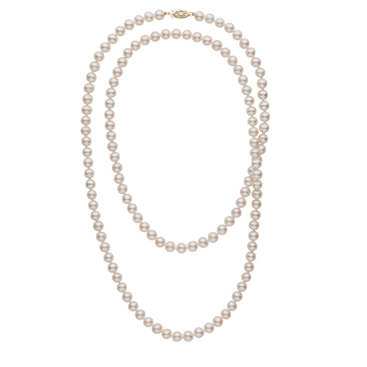 35-inch 6.5-7.0 mm AAA White Freshwater Pearl Necklace featuring a classic strand of lustrous white pearls with a delicate gold clasp, elegant and timeless jewelry piece.