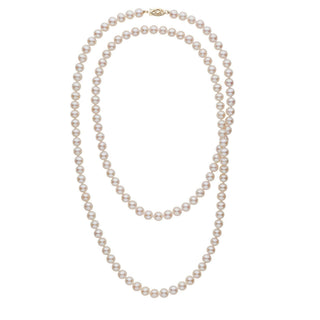 35-inch 6.5-7.0 mm AAA White Freshwater Pearl Necklace featuring a classic strand of lustrous white pearls with a delicate gold clasp, elegant and timeless jewelry piece.