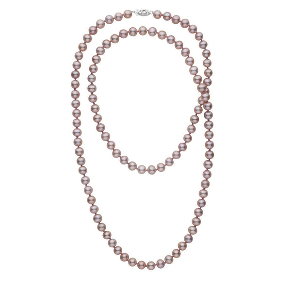 35-inch 7.5-8.0 mm AA+ Lavender Freshwater Pearl Necklace featuring lustrous round lavender freshwater pearls strung with a decorative 14K white gold clasp, elegant and timeless.