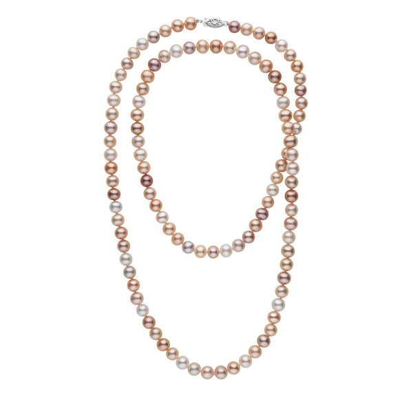 35-inch 7.5-8.0 mm AA+ Multicolor Freshwater Pearl Necklace featuring a strand of lustrous pearls in shades of pink, lavender, and cream with a 14K white gold clasp.