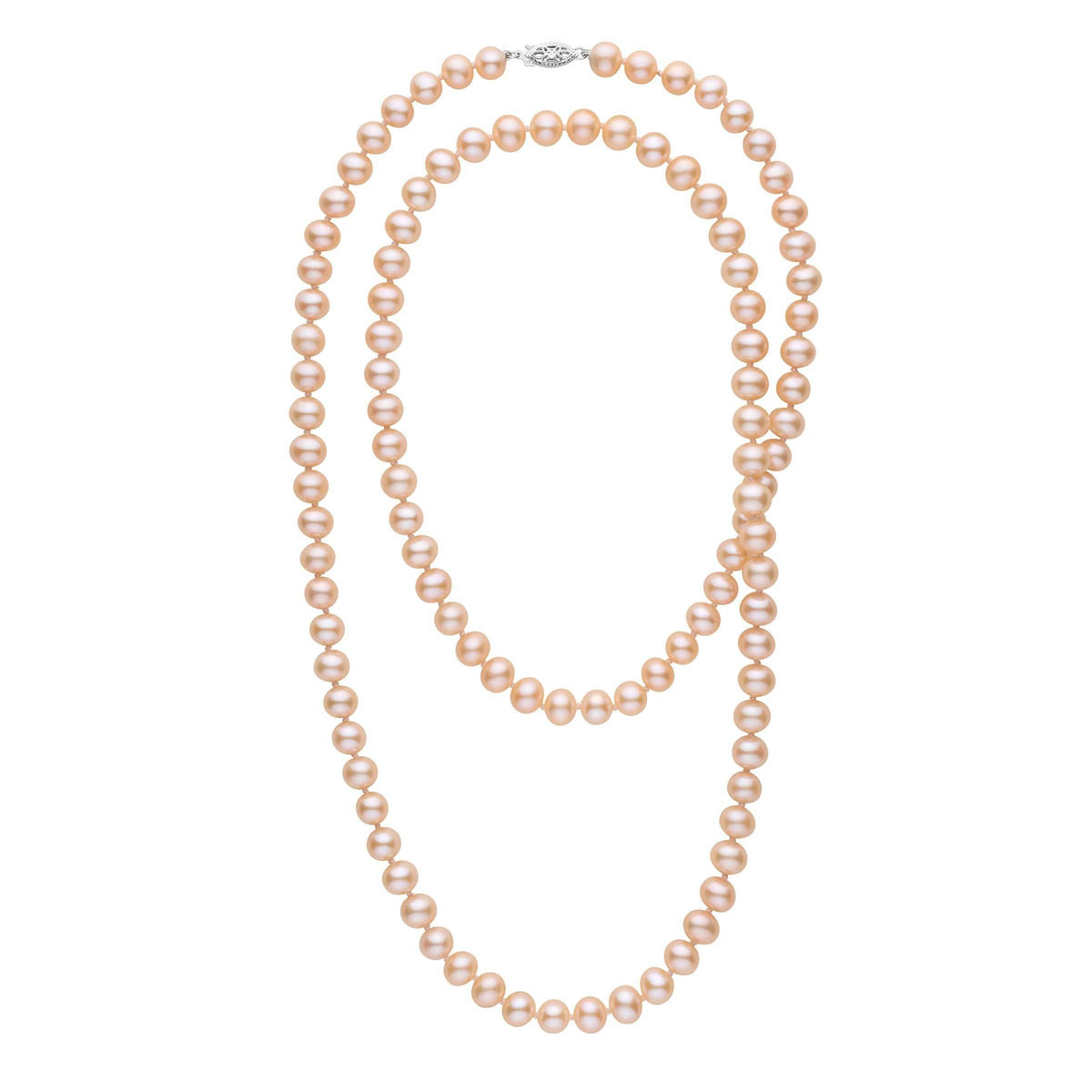 35-inch 7.5-8.0 mm AA+ Pink to Peach Freshwater Pearl Necklace displayed against a white background, featuring lustrous round pearls with a subtle gradient from pink to peach tones.