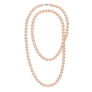 35-inch 7.5-8.0 mm AA+ Pink to Peach Freshwater Pearl Necklace displayed against a white background, featuring lustrous round pearls with a subtle gradient from pink to peach tones.