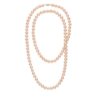 35-inch 7.5-8.0 mm AA+ Pink to Peach Freshwater Pearl Necklace featuring lustrous round pearls with a subtle gradient from soft pink to warm peach tones, elegant and timeless.