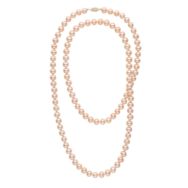 35-inch 7.5-8.0 mm AA+ Pink to Peach Freshwater Pearl Necklace featuring lustrous round pearls with a subtle gradient from soft pink to warm peach tones, elegant and timeless.