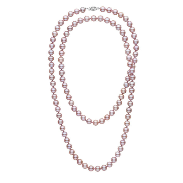 35-inch 7.5-8.0 mm AAA Lavender Freshwater Pearl Necklace featuring a long strand of lustrous lavender-hued freshwater pearls with a decorative clasp.