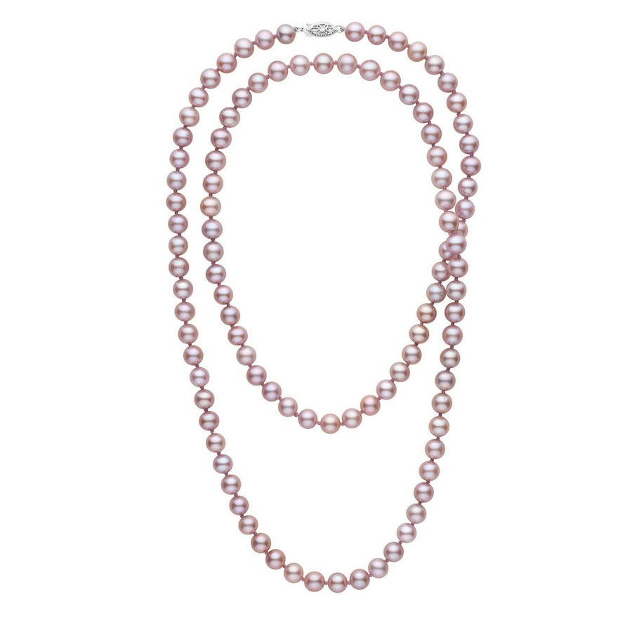 35-inch 7.5-8.0 mm AAA Lavender Freshwater Pearl Necklace featuring a long strand of lustrous lavender-hued freshwater pearls with a decorative clasp.
