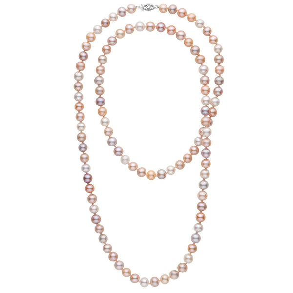 35-inch 7.5-8.0 mm AAA Multicolor Freshwater Pearl Necklace featuring lustrous pearls in shades of white, pink, lavender, and peach with a decorative clasp.