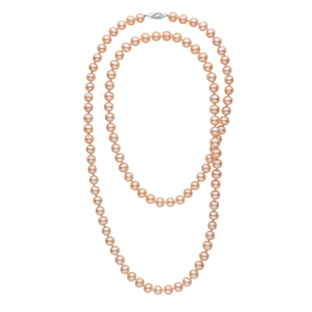 35-inch 7.5-8.0 mm AAA Pink to Peach Freshwater Pearl Necklace featuring a lustrous strand of graduated pink to peach freshwater pearls with a 14K white gold clasp.