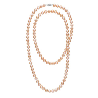 35-inch 7.5-8.0 mm AAA Pink to Peach Freshwater Pearl Necklace featuring a lustrous strand of graduated pink to peach freshwater pearls with a 14K white gold clasp.