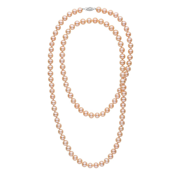 35-inch 7.5-8.0 mm AAA Pink to Peach Freshwater Pearl Necklace featuring a lustrous strand of graduated pink to peach freshwater pearls with a 14K white gold clasp.