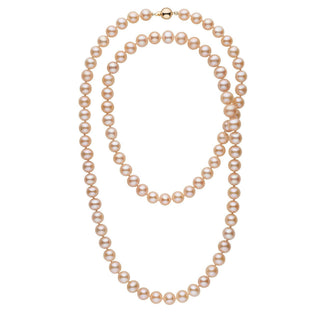 Elegant 35-inch 8.5-9.0 mm AA+ Pink to Peach Freshwater Pearl Necklace featuring lustrous round pearls with a gold clasp, perfect for sophisticated or casual wear.