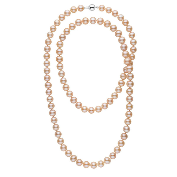35-inch 8.5-9.0 mm AA+ Pink to Peach Freshwater Pearl Necklace featuring smooth, lustrous pearls in soft pink to peach hues with a 14K white gold clasp, elegant and versatile strand.