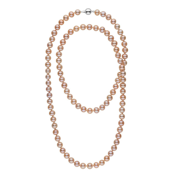 35-inch 8.5-9.0 mm AAA Pink to Peach Freshwater Pearl Necklace featuring lustrous round pearls with a smooth surface and elegant 14K white gold clasp, perfect for refined occasions.