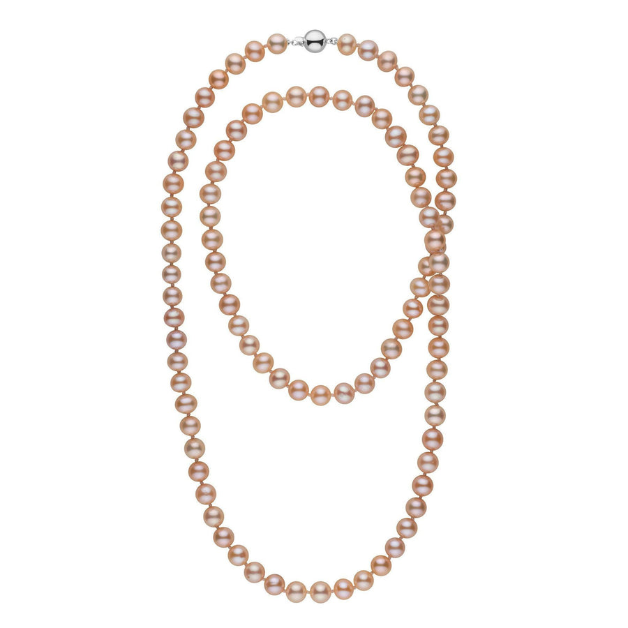 35-inch 8.5-9.0 mm AAA Pink to Peach Freshwater Pearl Necklace featuring lustrous round pearls with a smooth surface and elegant 14K white gold clasp, perfect for refined occasions.