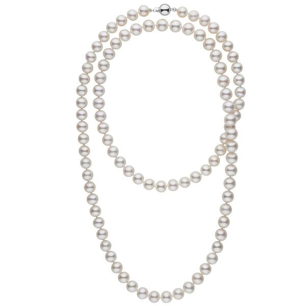 35-inch 8.5-9.0 mm AAA White Freshwater Pearl Necklace featuring lustrous, round white pearls with a secure 14K white gold clasp perfect for elegant and timeless style.