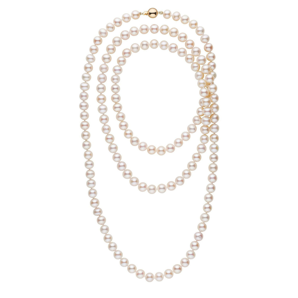 Elegant 52-inch 8.5-9.5 mm AA+ White Freshwater Pearl Necklace with lustrous round pearls and a gold clasp, perfect for sophisticated and timeless style.