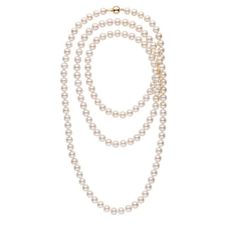 Elegant 52-inch 8.5-9.5 mm AA+ White Freshwater Pearl Necklace with lustrous round pearls and a gold clasp, perfect for sophisticated and timeless style.