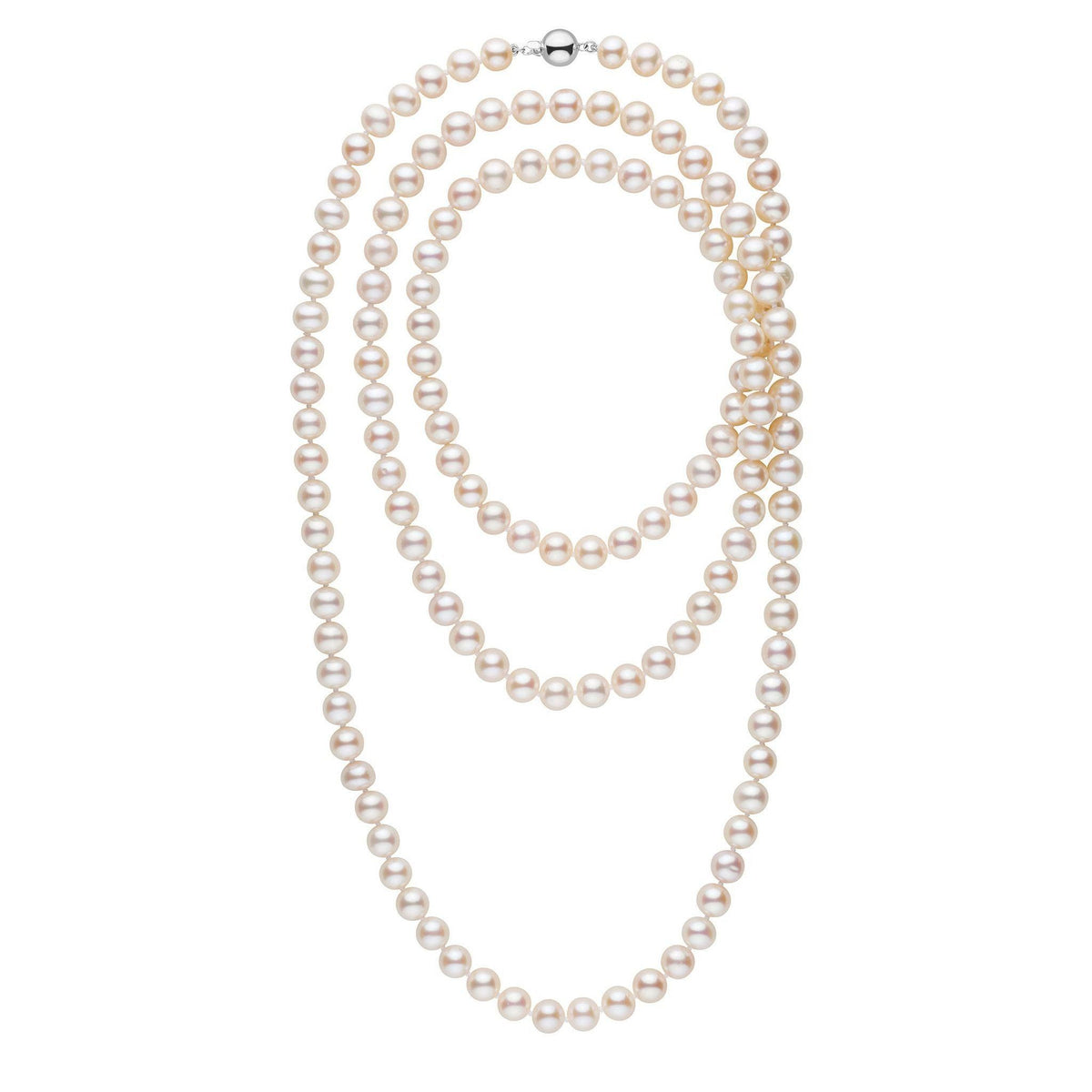 Elegant 52-inch 8.5-9.5 mm AA+ White Freshwater Pearl Necklace with lustrous round white pearls and a secure clasp, perfect for classic and sophisticated styles.