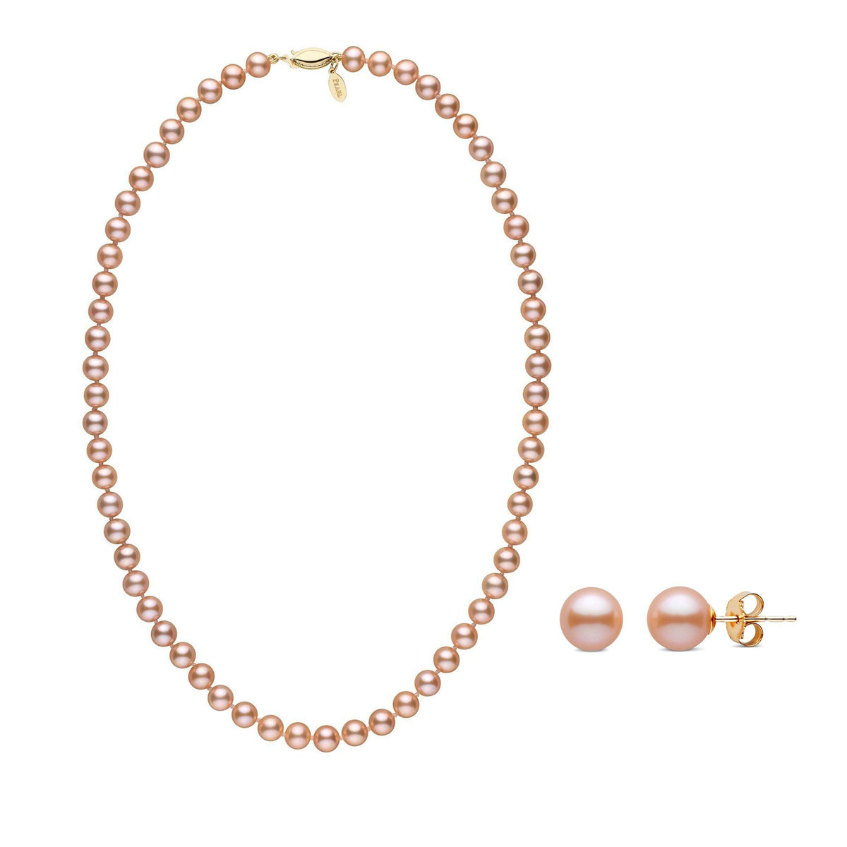 A set of pink Freshadama pearls with a necklace and matching earrings, both knotted and mounted on gold posts respectively.