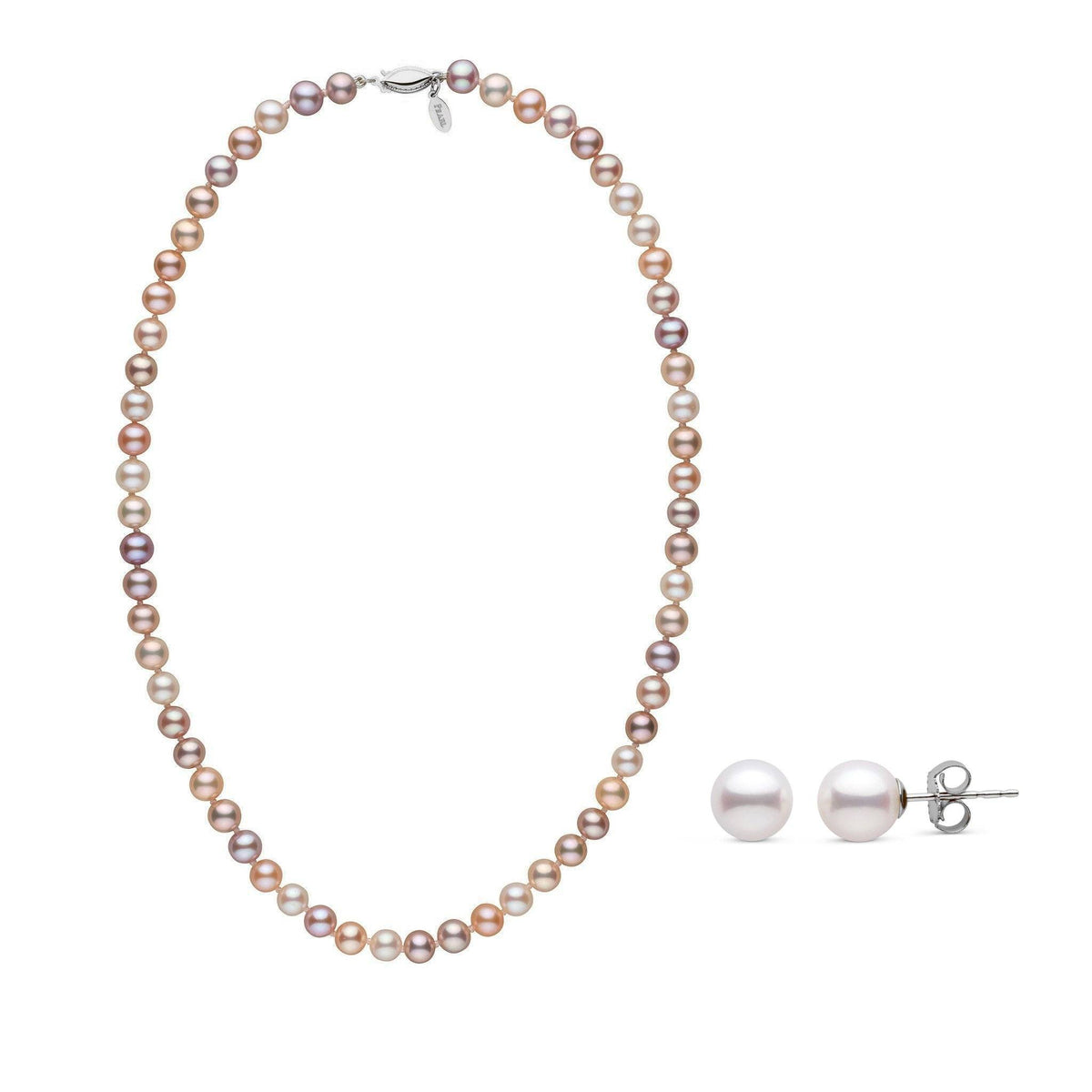 A set of multicolor Freshadama pearl necklace and matching stud earrings, with the necklace displayed above the earrings against a white background.