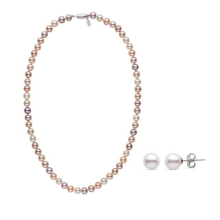 A set of multicolor Freshadama pearl necklace and matching stud earrings, with the necklace displayed above the earrings against a white background.