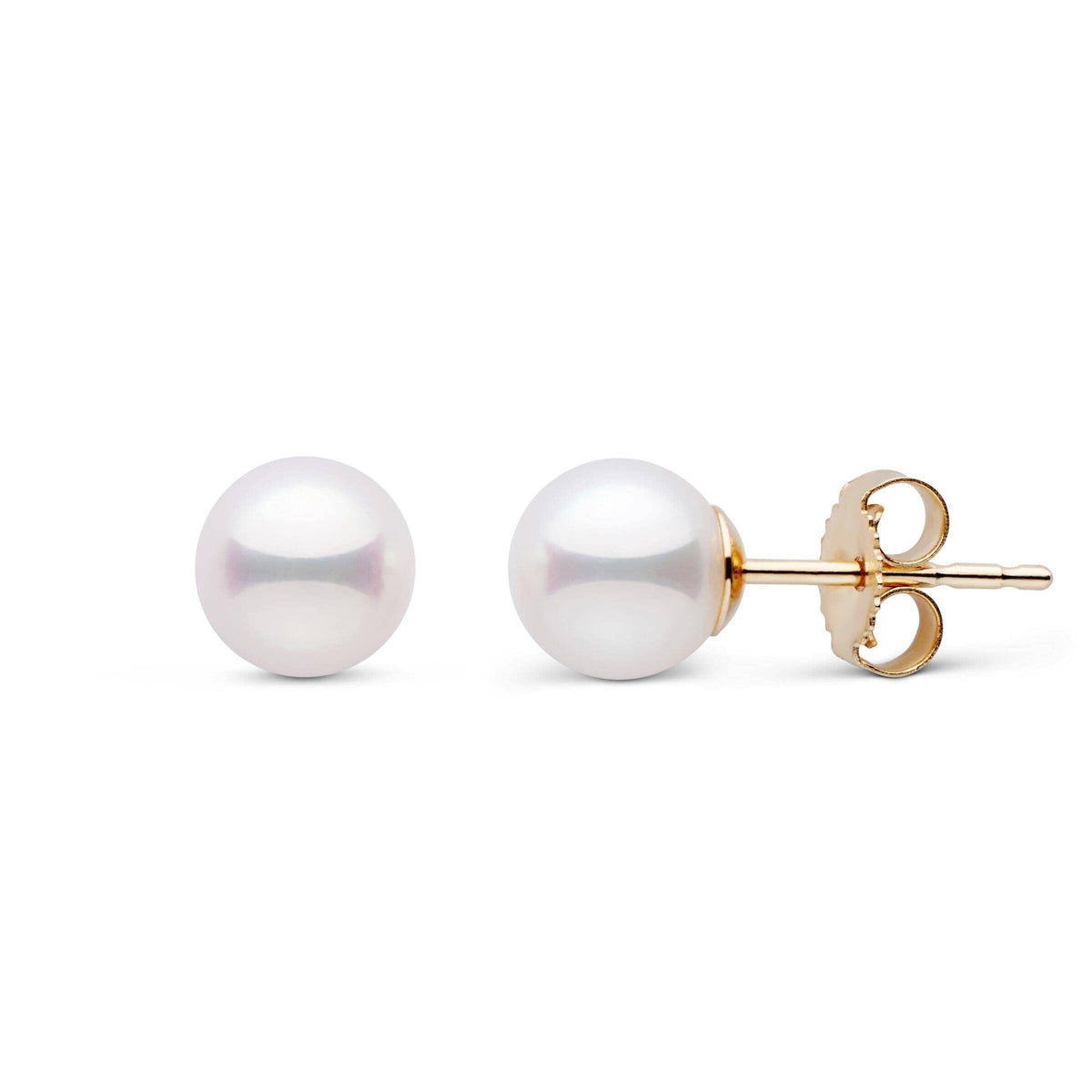 6.0-6.5 mm AAA White Akoya Pearl Stud Earrings featuring round white akoya pearls set on gold posts with secure butterfly backings, perfect for elegant everyday wear.