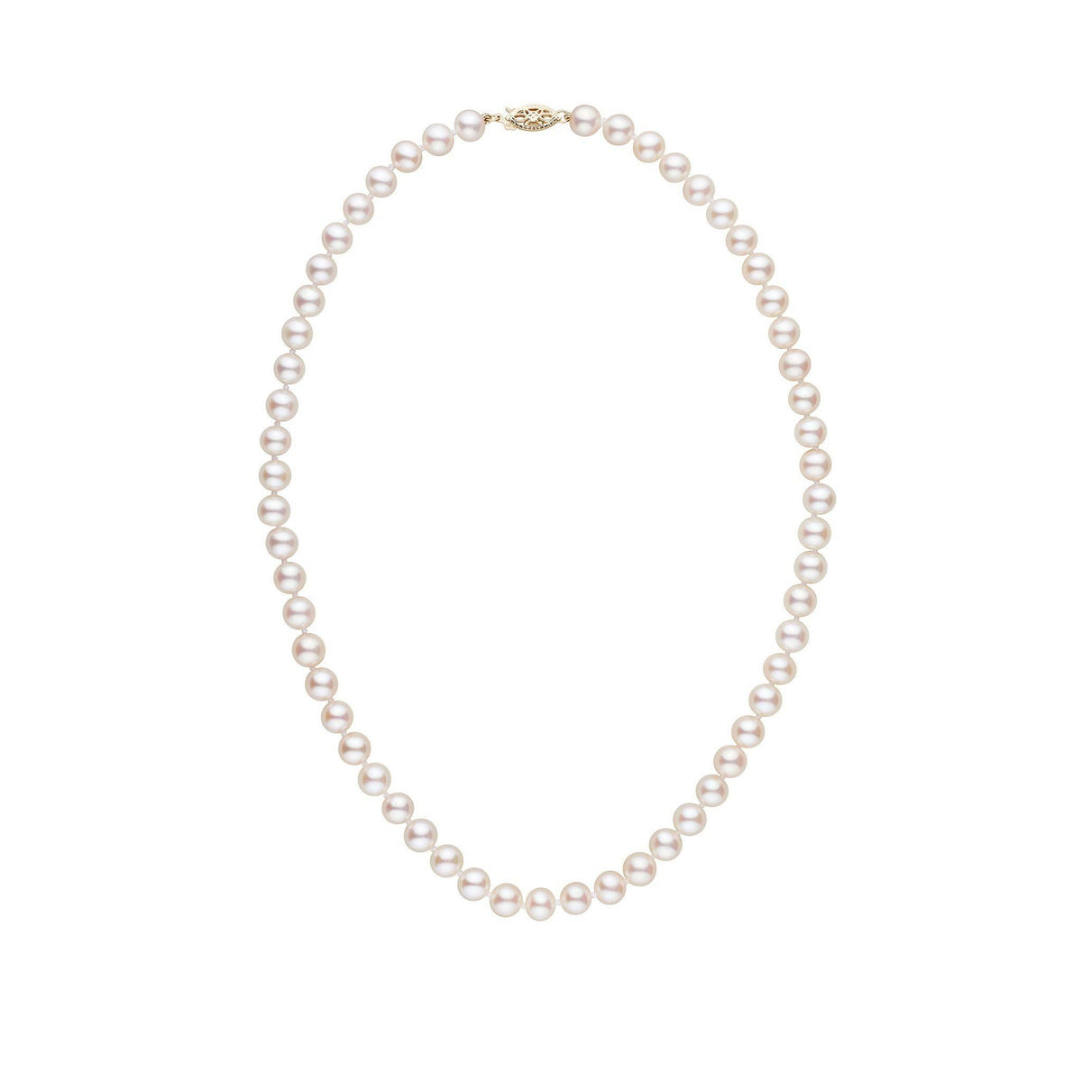 6.5-7.0 mm AA+ White Freshwater Pearl Necklace featuring lustrous round white pearls strung on a 16-inch strand with a gold clasp, perfect for elegant occasions.