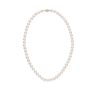 6.5-7.0 mm AA+ White Freshwater Pearl Necklace featuring lustrous round white pearls strung on a 16-inch strand with a gold clasp, perfect for elegant occasions.