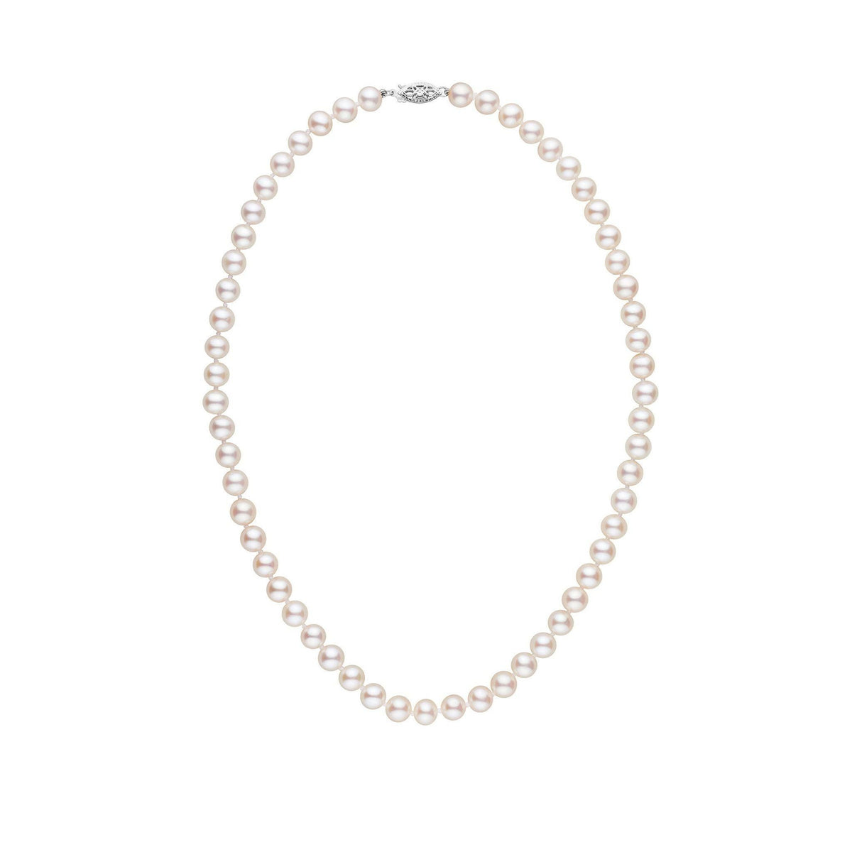 6.5-7.0 mm AA+ White Freshwater Pearl Necklace featuring a classic strand of lustrous white freshwater pearls with a decorative 14K white gold clasp, elegant fine pearl jewelry.