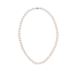 6.5-7.0 mm AA+ White Freshwater Pearl Necklace featuring a classic strand of lustrous white freshwater pearls with a decorative 14K white gold clasp, elegant fine pearl jewelry.